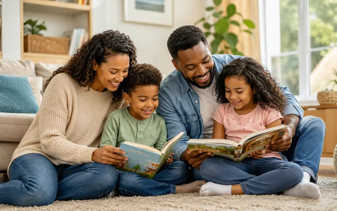 A family reading a picture book together on the floor