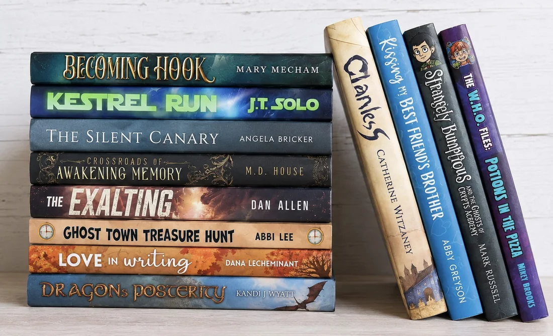 Print editions of Story Metro titles stacked on a table, including Becoming Hook by Mary Mecham, The Silent Canary by Angela Bricker, and The Exalting by Dan Allen